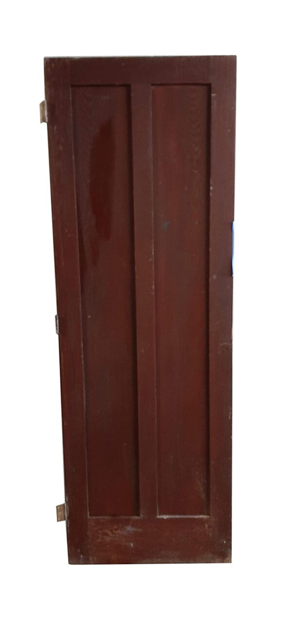 Tall oak passage door with two long recessed panels and visible hinges on one side.