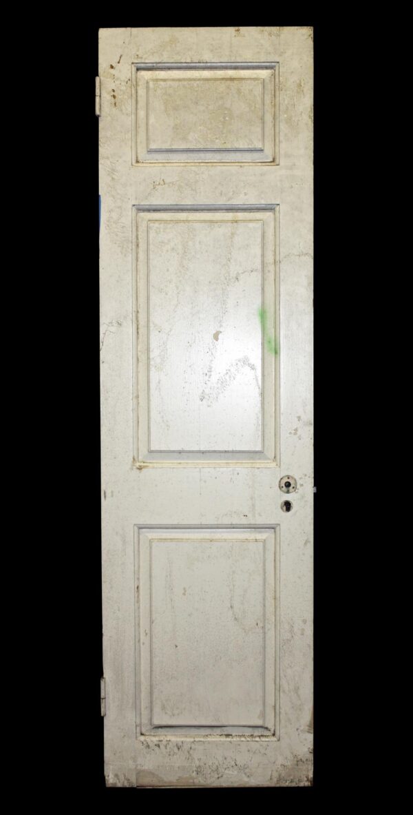 White wooden passage door with three raised panels, shown vertically in a narrow full-length view.