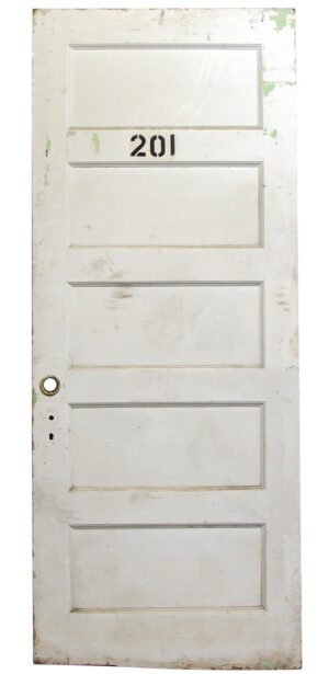 White wooden apartment door with five horizontal panels, painted number 201, and visible wear around the edges and hardware opening.