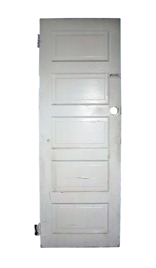 White wood privacy door with five recessed panels and a round lock hole near the right edge.