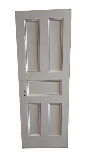 White painted wood passage door with five recessed panels shown in full view, featuring two tall upper panels, a central horizontal panel, and two lower panels.