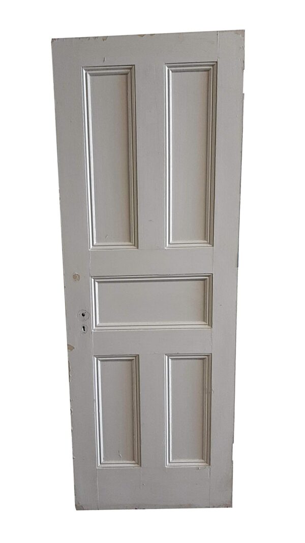 White painted wood passage door with five recessed panels shown in full view, featuring two tall upper panels, a central horizontal panel, and two lower panels.