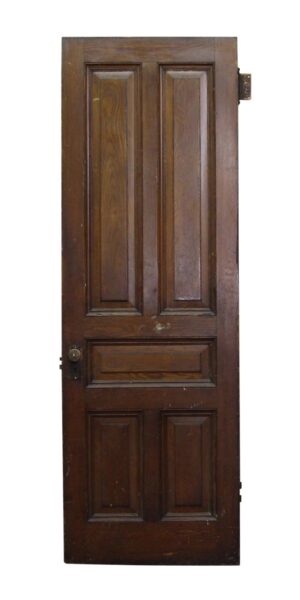 Five-panel chestnut door with a dark wood tone, shown front view with raised panels and a lockset opening on the left side.