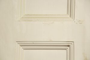 Close-up of a white metal door showing two of its six raised panels and visible scuff marks, with no hardware visible.