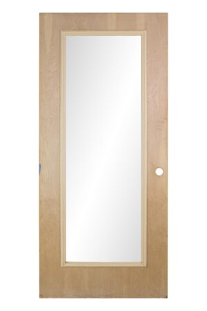 Unfinished solid wood passage door with one tall glass lite and light wood trim, shown front view.