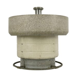 Reclaimed hand wash fountain with a wide gray upper basin, white cylindrical body, and metal foot ring at the base.