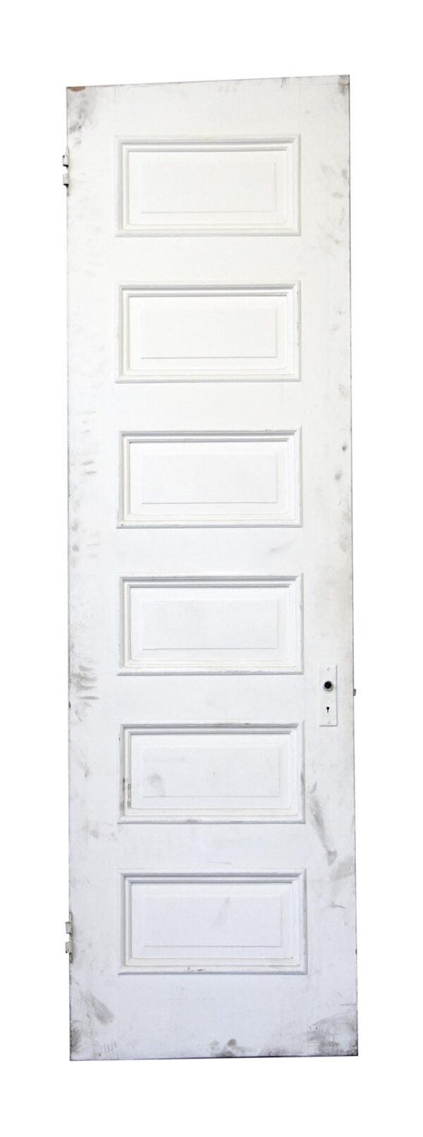 Tall white door with six horizontal panels and a lock hole on one side.