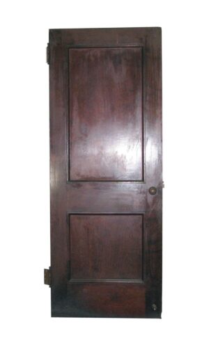 Wooden passage door with two panels and some original hardware attached, shown front-facing in a dark wood tone.