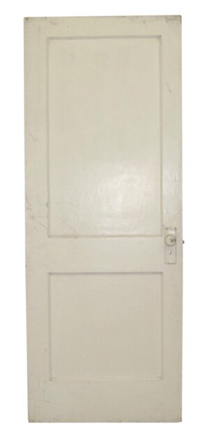 Vintage two-panel passage door shown front-on with a latch and keyhole visible on the right side.