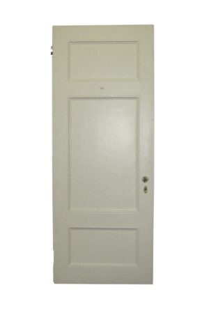 Vintage three-panel passage door with two small horizontal panels and one large center recessed panel, shown with hardware on the right side.