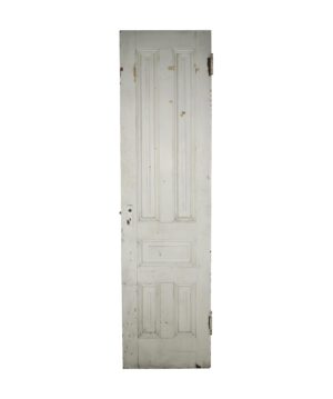 White painted five-panel door with surface wear, shown front on and narrow in height, with the lock opening visible on the left side.
