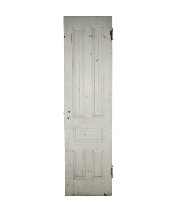 White painted five-panel door with surface wear, shown front on and narrow in height, with the lock opening visible on the left side.