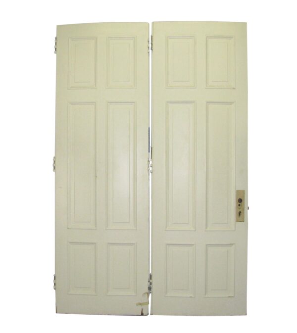 Pair of white hinged wooden doors with six raised panels, shown closed and front-facing.
