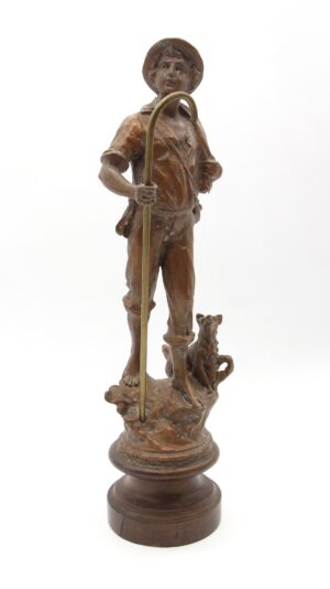 Statues & Sculptures - Handmade Copper Washed Man & Dog Statue with Wooden Base