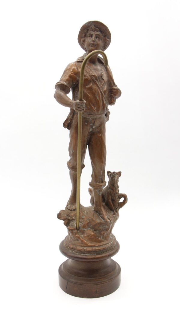Statues & Sculptures - Handmade Copper Washed Man & Dog Statue with Wooden Base