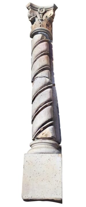 A single gray terra cotta pilaster with a spiral shaft and ornate Corinthian-style capital, shown as a tall architectural piece.