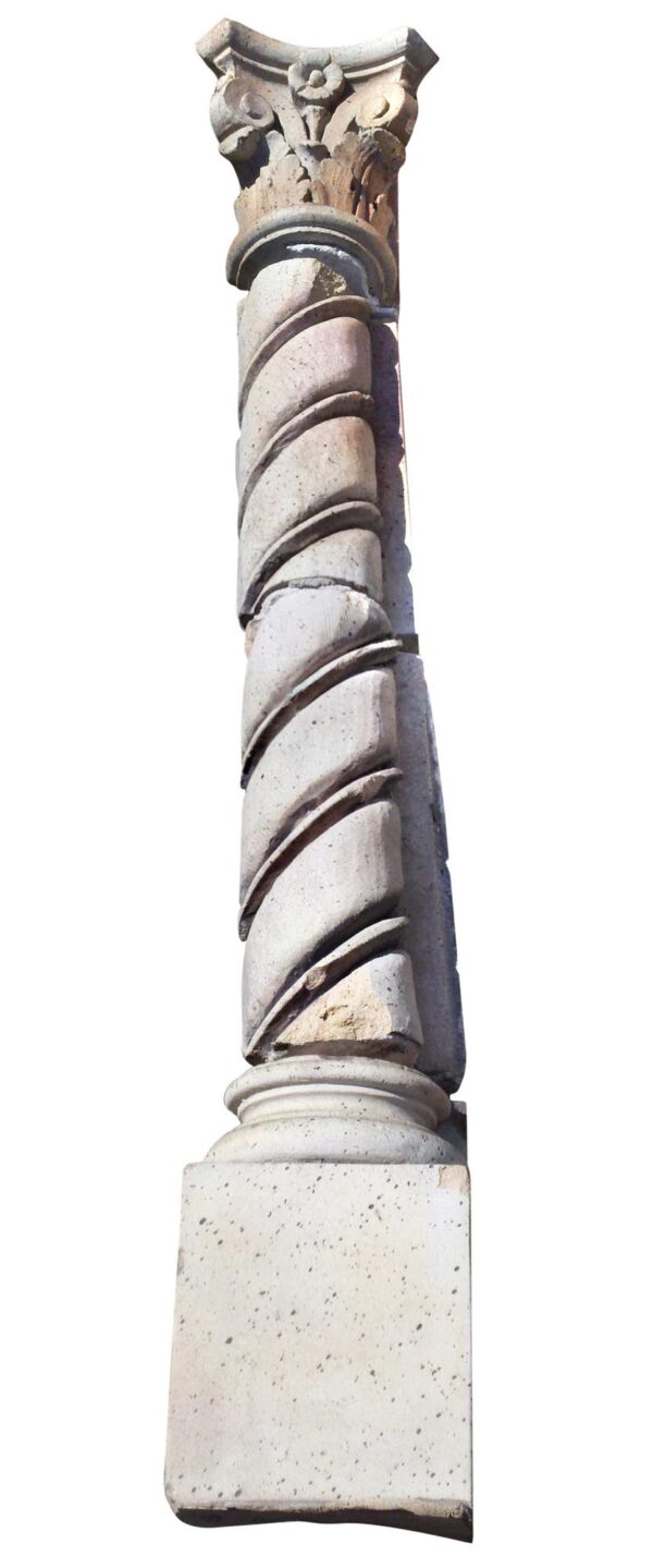 A single gray terra cotta pilaster with a spiral shaft and ornate Corinthian-style capital, shown as a tall architectural piece.