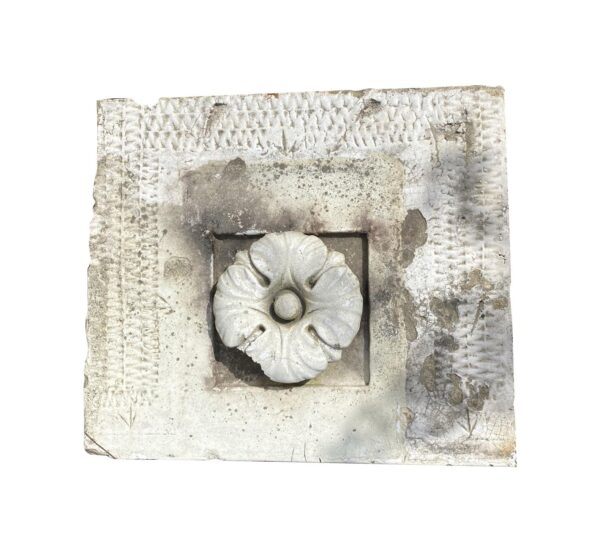 Square white terra cotta garden stone with a raised floral center and crackled glaze, shown front view.