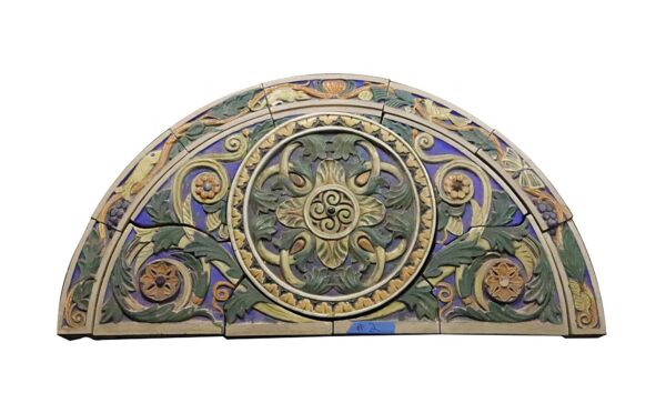 Stone & Terra Cotta - Judaic Polychrome Terra Cotta Arched Frieze with Floral Medallion from Synagogue