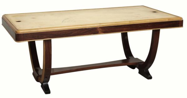 Art Deco-style wood table base with a rectangular top and curved dark wood legs supporting a lower stretcher.