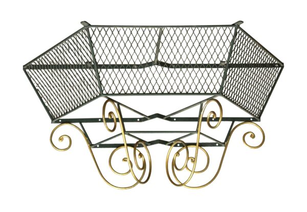 Wrought iron table base with a green wire-frame top and gold scrollwork legs, shown against a white background.