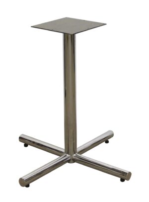 Chrome steel table base with a square top and four low feet.