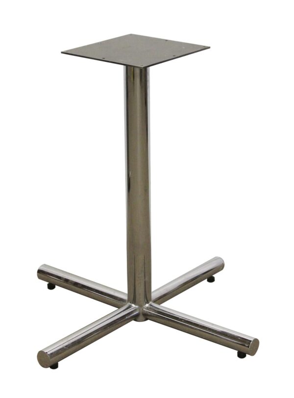 Chrome steel table base with a square top and four low feet.