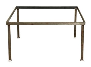 Square metal table frame made of metal, shown without a tabletop and viewed straight on with four legs and a rectangular top support.