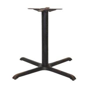 Vintage black cast iron table base with a central pedestal and four curved legs, shown with one mounting bracket shortened from damage.