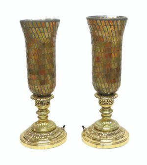 Table Lamps - Pair of Hurricane Lamps with Opalescent Colored Glass Shades