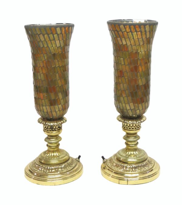 Table Lamps - Pair of Hurricane Lamps with Opalescent Colored Glass Shades