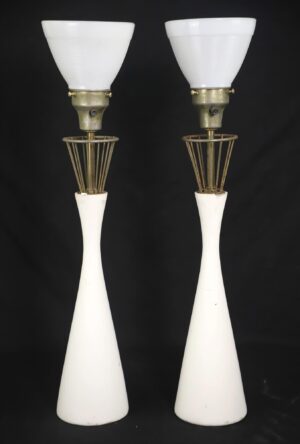 Table Lamps - Pair of Mid Century Plaster Hourglass Cage Table Lamps