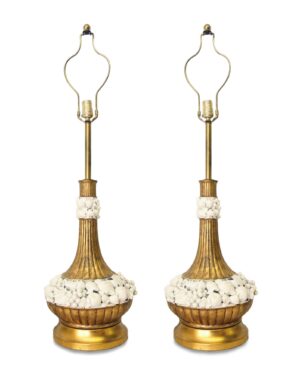 Pair of vintage Italian table lamps with gilt bases and white ceramic fruit decorations, shown front view and unlit.