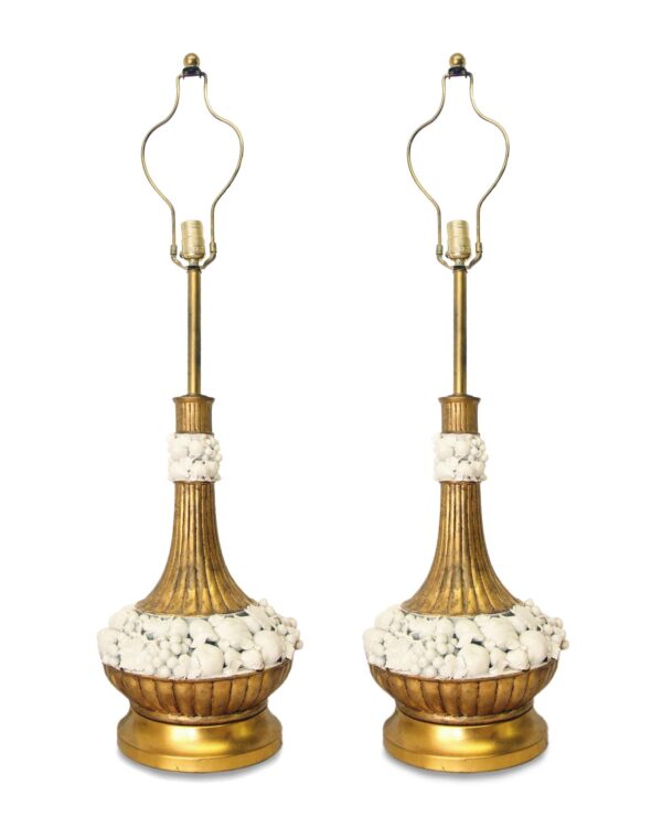 Pair of vintage Italian table lamps with gilt bases and white ceramic fruit decorations, shown front view and unlit.