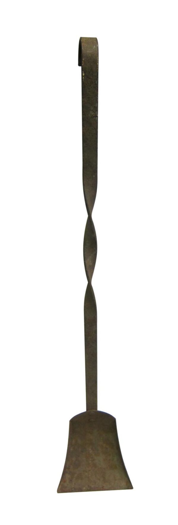 Single wrought iron fireplace shovel with a long twisted handle and a wide flat scoop.
