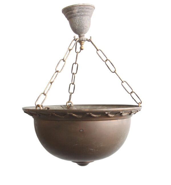 Victorian brass bowl pendant light with three chain supports and an antique finish.