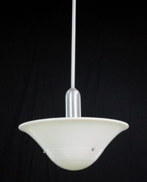 Mid-century pendant light with a white milk glass dish shade and a steel pole.