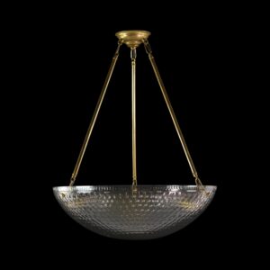 A clear glass dish pendant light with an antique brass canopy, three rods, and a center brass pole suspending the bowl-shaped fixture.