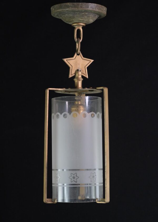 Up Lights - Petite Brass Star Motif & Floral Frosted Cylinder Glass Pendant Light