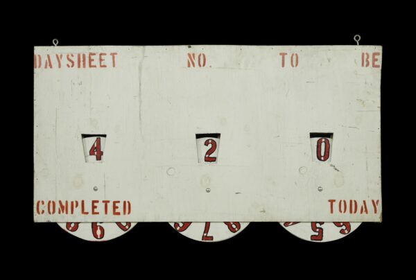 Handmade plywood tracker sign with three number windows showing 4, 2, and 0, and red lettering on a white board.