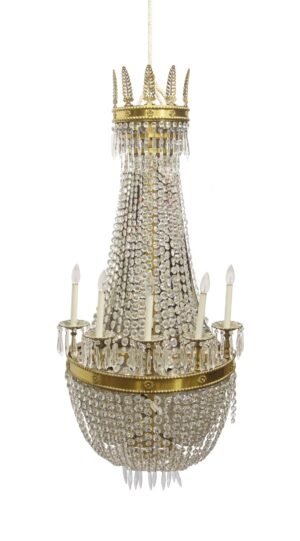 Empire wall sconce with polished brass and clear crystal, five candle-style arms, and a tiered pendant design.
