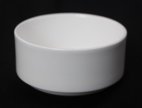 White bone china soup bowl shown from above at a slight angle, with a wide rounded rim and plain cylindrical form.