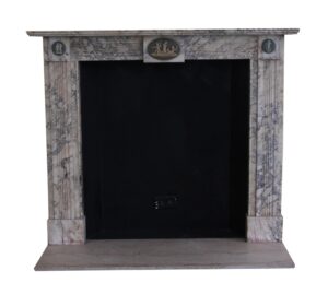 Marble mantel with gray veining, a central oval cameo of three cherubs, and round cameo medallions at the top corners.