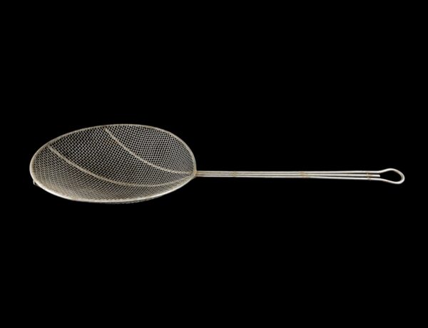 Round stainless steel wire skimmer with a long handle and oval mesh basket, shown in profile.