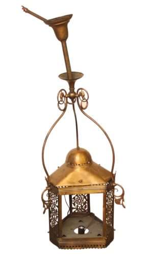 Antique brass pendant ceiling lantern with decorative griffin heads and an open frame, shown from the front.