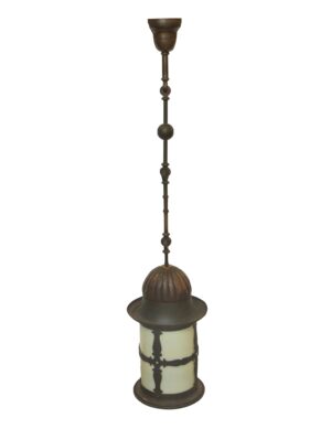 Colonial ceiling lantern with a fluted dome, ornate tubing, and a milk glass shade.