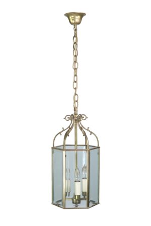Traditional brass pendant lantern with a hexagonal glass frame and three candle-style lights.