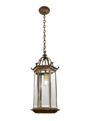 Unusual Large Hexagonal Shaped Bronze Lantern with Shaped Beveled Glass Panels Unusual Large Hexagonal Shaped Bronze Lantern with Shaped Beveled Glass Panels