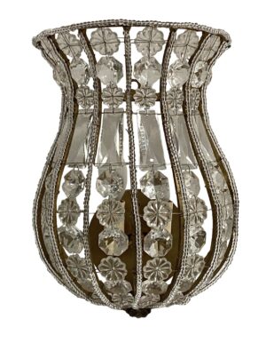 Clear crystal basket wall sconce with a gilt ribbed frame and alternating cut crystal trim, shown front view.