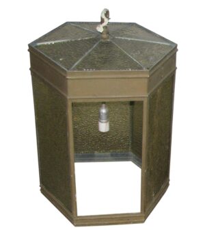 Hexagonal pendant lantern with several glass panels missing and a visible bulb socket.